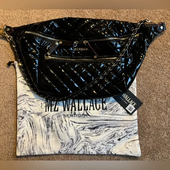 MZ Wallace Black Lacquer Quilted Crosby Sling Belt Bag Crossbody - Picture 2 of 10